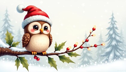 Cute owl wearing a Santa hat perched on a snowy branch, surrounded by festive greenery and a winter wonderland backdrop.