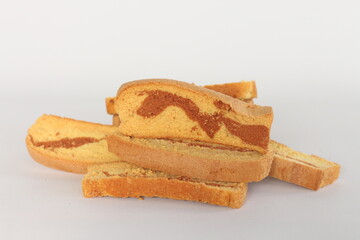 Dried sponge cake isolated on white background. Indonesian food