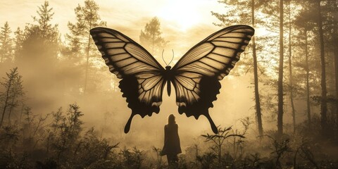 Obraz premium Silhouette of a woman beneath a giant butterfly.