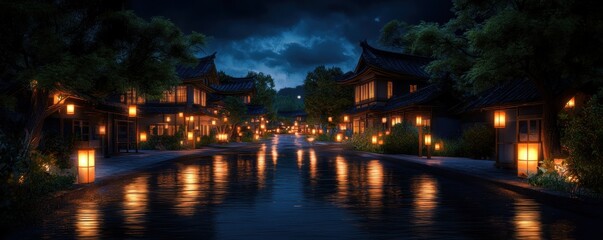 Fototapeta premium a tranquil street illuminated by glowing lanterns under a moonlit night. 