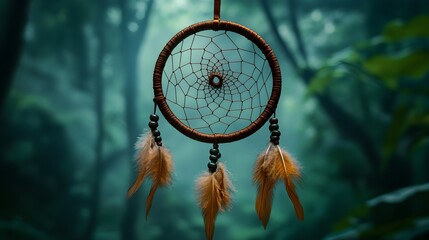 Vibrant bohemian dreamcatcher with intricate beadwork, merging into a misty forest scene, double exposure with nature's tranquility