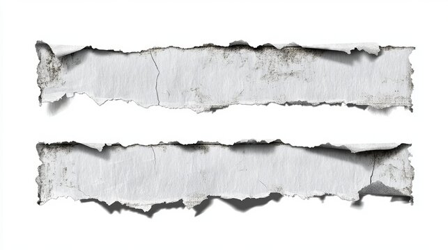 Realistic torn paper strips featuring grunge edges, mimicking ripped notebook pages or damaged scraps. The design includes sticky newspaper clip art elements with brush stroke textures, perfect for cr