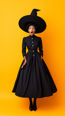 A woman wearing a classic black witch dress and a tall pointed hat stands with an expressive shocked facial expression. The vibrant yellow backdrop enhances the playful Halloween vibe