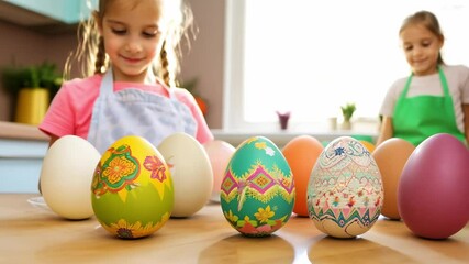 Young girl painting easter eggs with her family in a modern kitchen