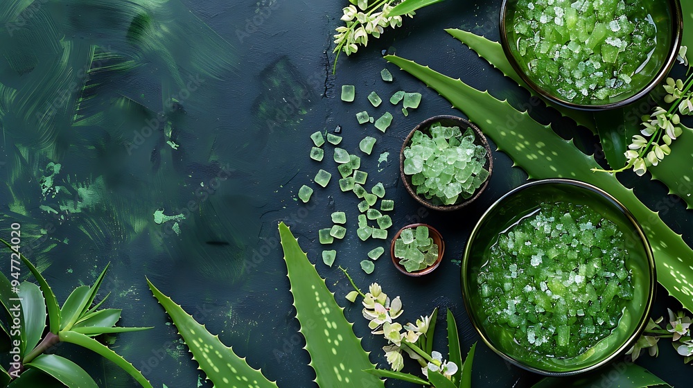 Sticker Aloe vera leaf and sea salt in green masques for skincare with vibrant green flora