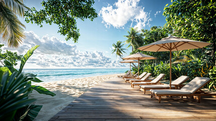 Idyllic Tropical Beach Resort with Sun Loungers and Umbrellas Along Wooden Boardwalk Overlooking Clear Blue Ocean and Lush Greenery
