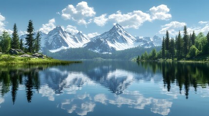 131. "A detailed 3D render of a serene mountain lake with a reflection of the surrounding peaks and clear skies