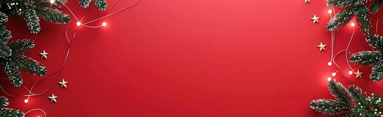 Merry Christmas and Happy New Year banner template. Xmas background with pine tree branches stars on a red background. Website header, Horizontal poster, greeting card, Xmas Greeting 