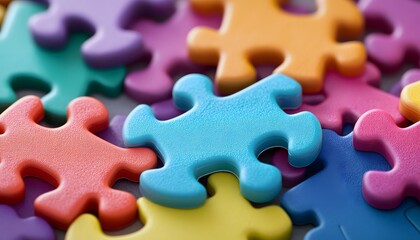 Fototapeta premium Colorful puzzle pieces coming together, symbolizing the creation of an immersive and engaging experience for children
