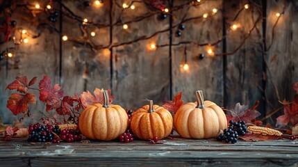 pumpkins with autumn leaves and bunches of long grapes on wooden table on wooden background with glowing garland and lights, background for halloween and thanksgiving day