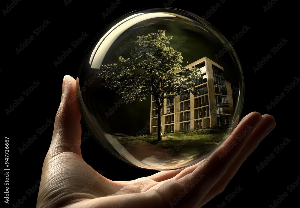 Poster a crystal glass globe ball and tree in a robot hand represent earth, save a clean planet, ecology co