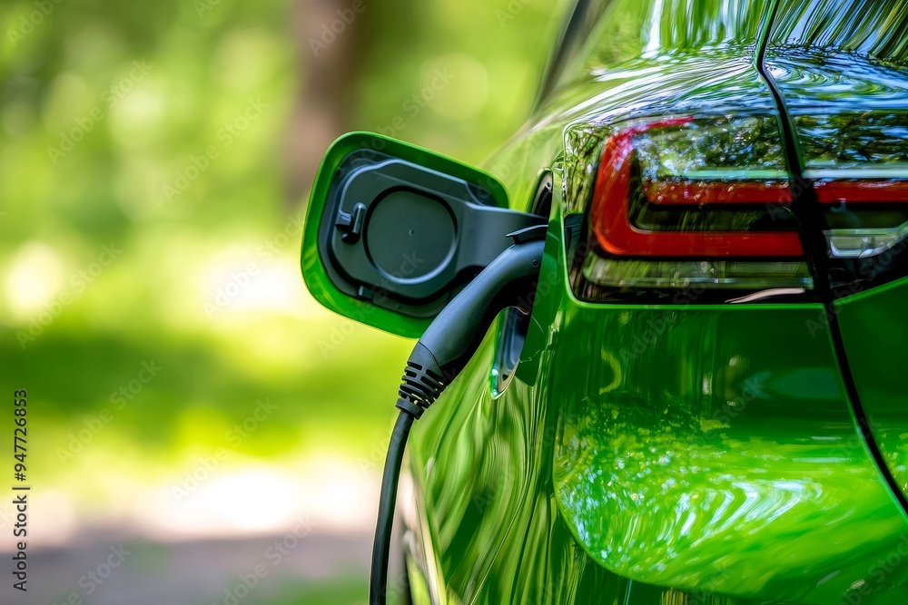 Poster Charging station with car plugged into power cable supply.