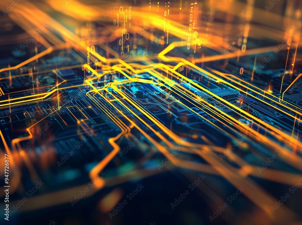 Poster A futuristic technology wallpaper with digital wave and binary code, showing data flowing through a network of nodes