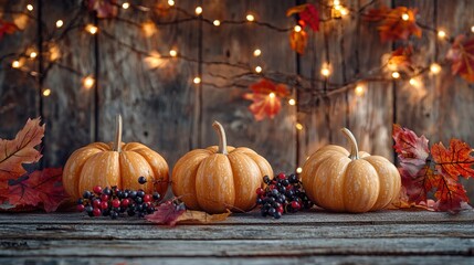 pumpkins with autumn leaves and bunches of long grapes on wooden table on wooden background with glowing garland and lights, background for halloween and thanksgiving day