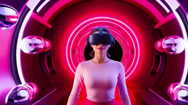 A young woman wearing a VR headset in a futuristic tunnel with neon lights.