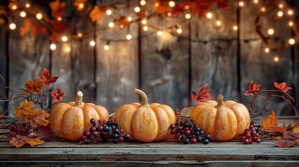 pumpkins with autumn leaves and bunches of long grapes on wooden table on wooden background with glowing garland and lights, background for halloween and thanksgiving day