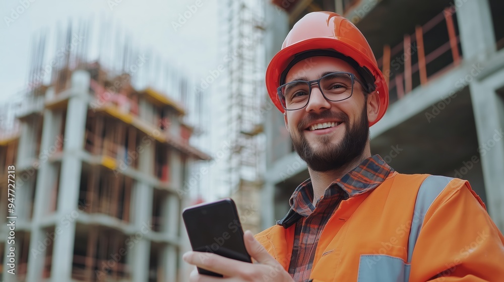 Poster construction worker using smartphone while smiling at building site during daylight hours in an urba