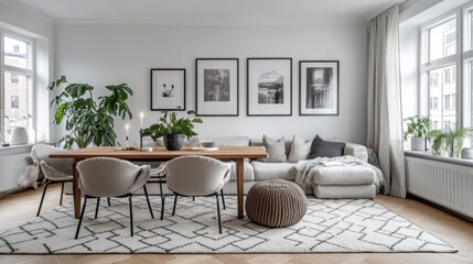 A cozy Scandinavian dining room with a minimalist design