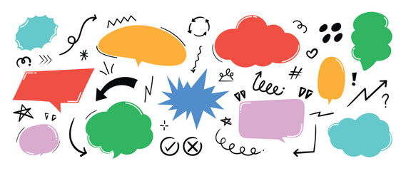 Set of doodle and speech bubble vector. Collection of contemporary figure, speech bubble, arrow in funky groovy style. Chat design element perfect for banner, print, sticker, cartoon. © TWINS DESIGN STUDIO