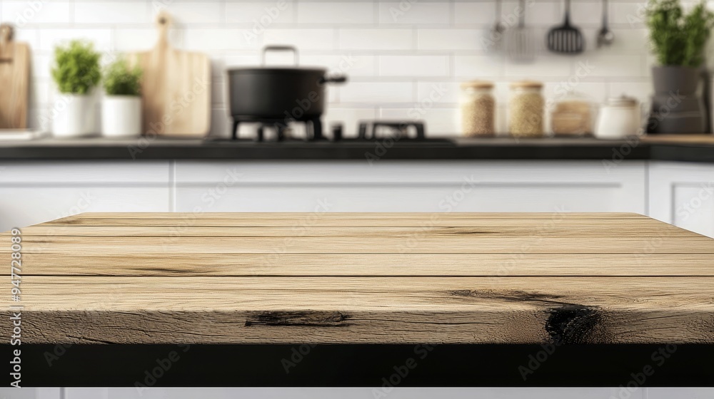 Poster Background of a blurry kitchen bench and a wooden table with an empty space behind it.