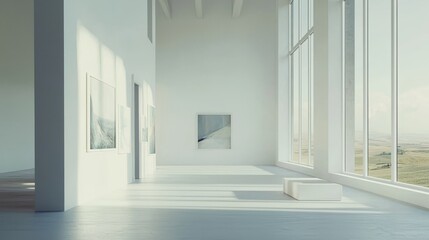 Fototapeta premium An art gallery with white walls displaying beautiful paintings.