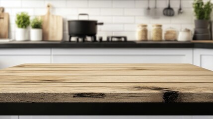 Background of a blurry kitchen bench and a wooden table with an empty space behind it.