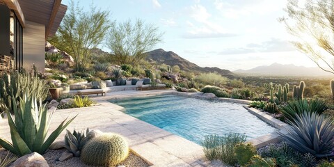 Desert oasis with pool and mountain view.
