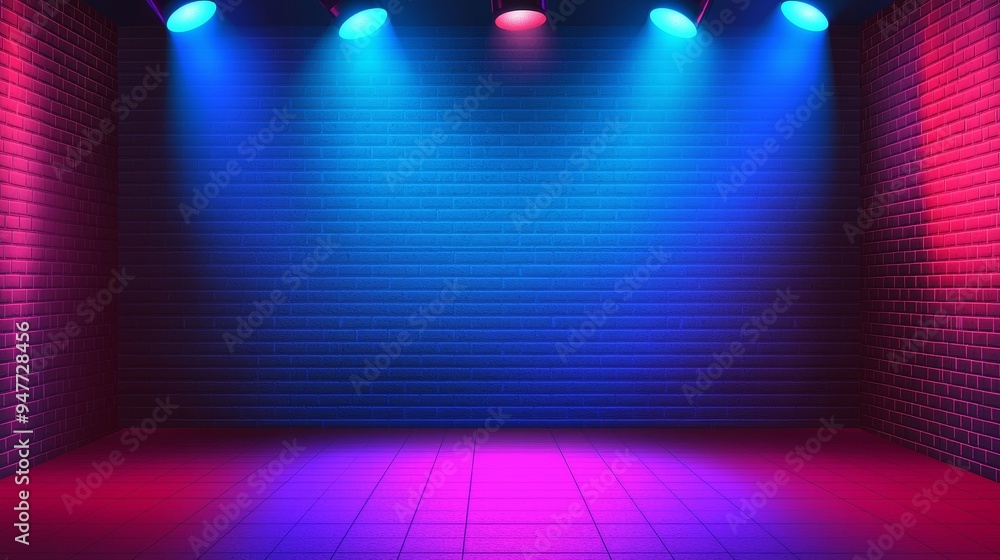 Poster the background and texture of a neon light on an unplastered brick wall. neon lights in red and blue