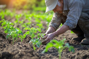 A farmer examines soybean seedlings in the field, a concept in agriculture