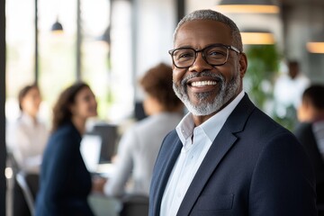 The image of a black corporate manager was created using generative stock technology to portray a businessman office that is mature and middle aged