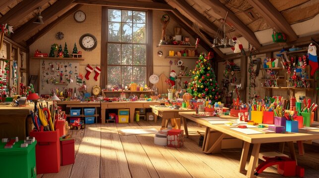 There are merry elves at Santa's North Pole workshop preparing gifts to be given at Christmas time
