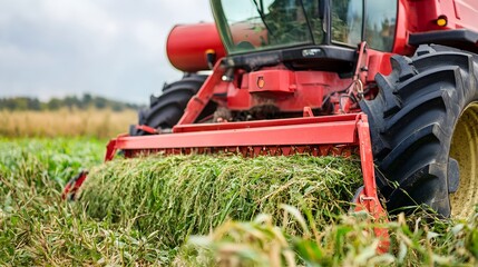 Obraz premium Red Tractor Mowing Lush Grass Field in Countryside Landscape