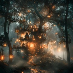 Mystical Circus of Witches and Warlocks in a Fog Shrouded Clearing