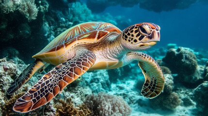 Fototapeta premium Green turtles are the largest of all sea turtles. --ar 16:9 --v 6.1 Job ID: d14c1458-dbf3-494b-9492-3f450386a036