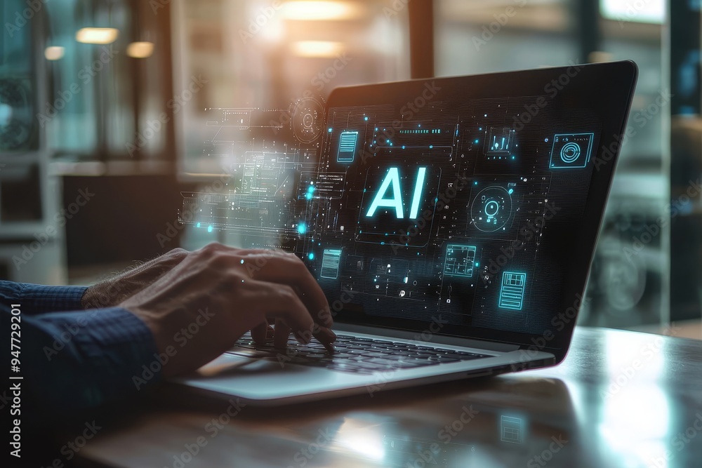 Aufkleber Unlocking work potential with AI solutions chatbots help solve problems at work. Businessmen use AI technology for enhanced work efficiency data analysis and efficient tools.