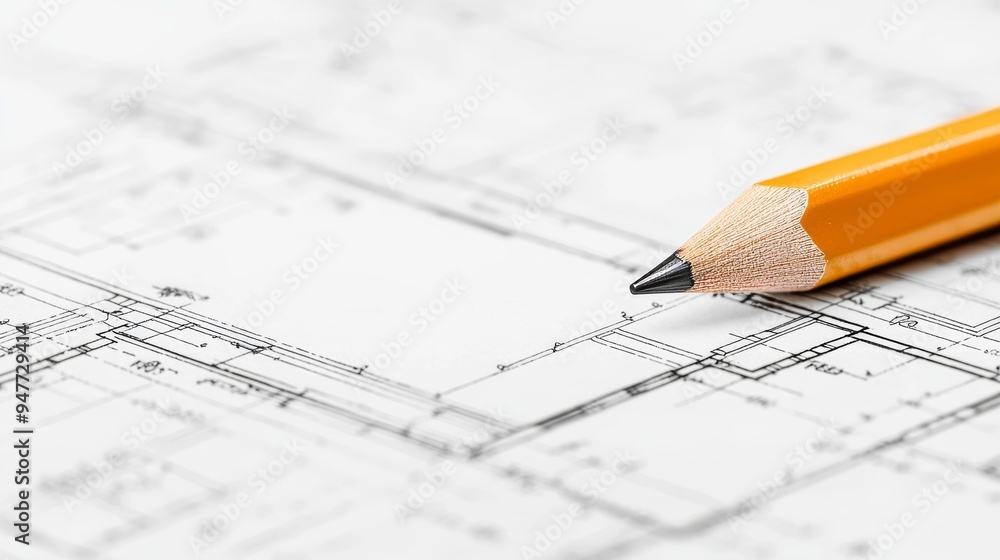 Aufkleber Drawing of an architectural engineering design plan on a table in a studio Architect working on construction design and plan: Stock photo