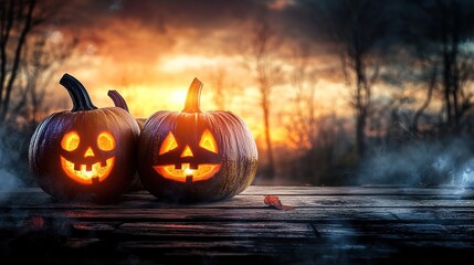 pumpkins with glowing carved faces for halloween on wooden table against abstract colorful background