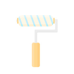 Paint roller with a wooden handle in a cartoon style on a white background. Tool for home repair, construction work