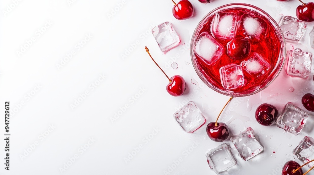 Poster an isolated view of an iced cocktail adorned with cherries, fresh cranberry juice, and cranberries w