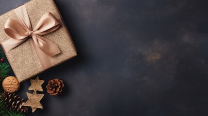 Fototapeta premium Festive Delights: A Captivating Top View of Christmas Gift Adorned with Pine Cones and Cinnamon Stic