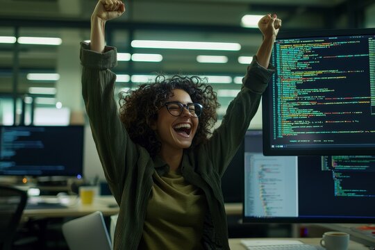 This is a photo of a lovely, smiling software developer sitting on a comfortable armchair at her workstation indoors, working away