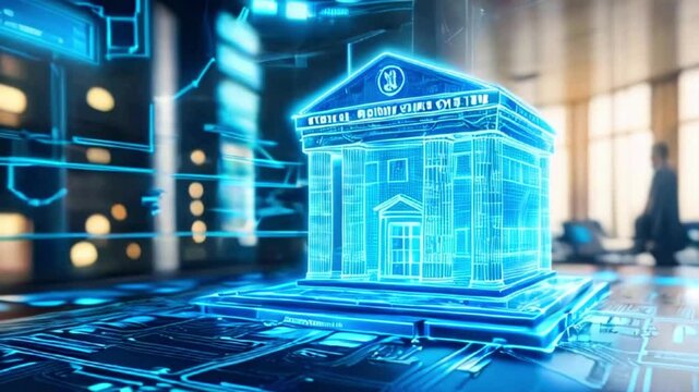 A 3D rendering of a glowing blue building with a circuit board background, representing a digital financial institution.