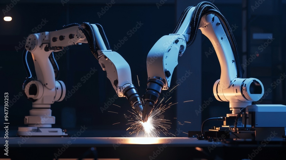 Poster Mechanical engineers use computers to control robotic arms for welding steel in a steel factory workshop : Stock Industry robot programming software for automated manufacturing technology