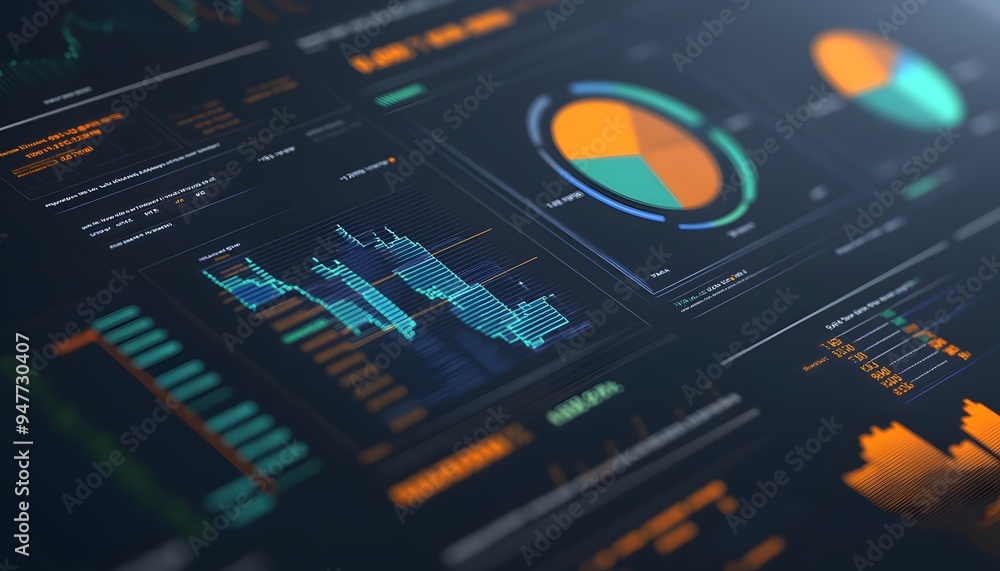 Poster close-up of a digital screen displaying various financial graphs and charts.