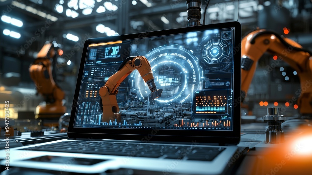 Poster Robots controlled by a computer and digital tablet in a smart factory Intelligent industry 40 concept: Stock