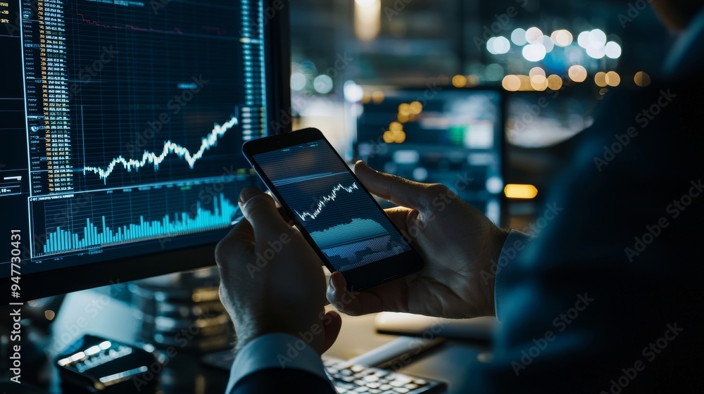 Leinwandbilder discussion on the phone with two business traders about dynamic stock market online, comparing them 