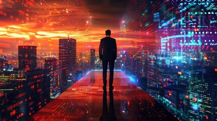 Businessman on a futuristic cityscape with digital elements