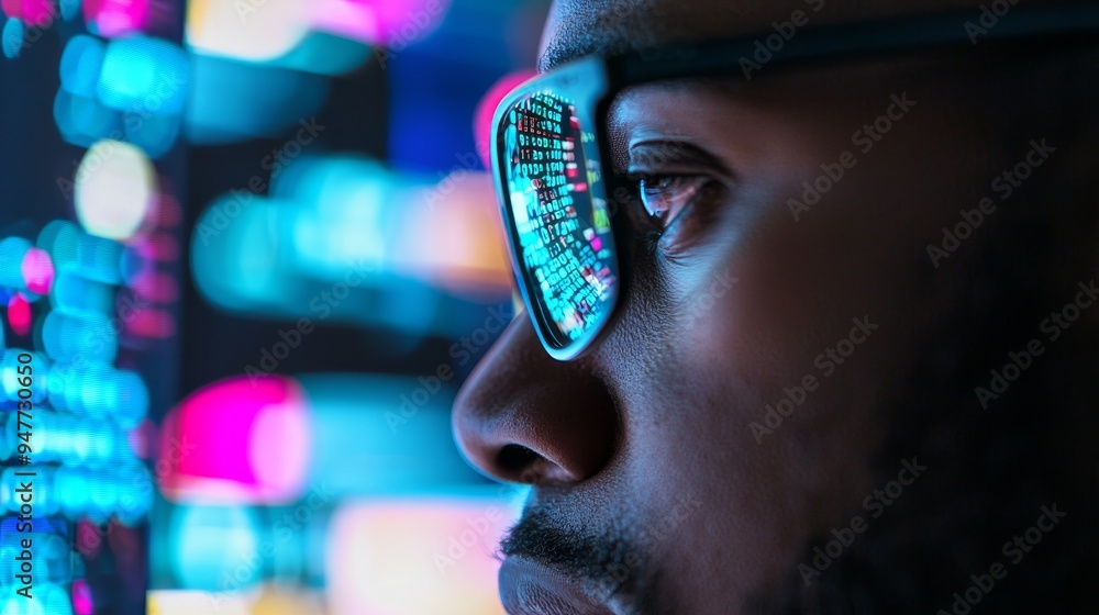Aufkleber Programmer or IT person in glasses reading script programming and cybersecurity research on: Stock. Software coding hologram and woman in data analytics information technology.