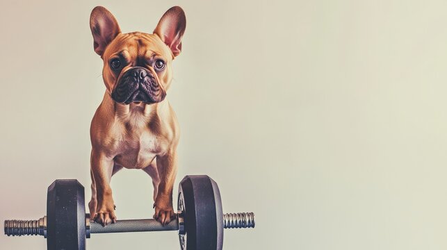 Stock photo of an overweight french bulldog dog standing on a scale with dumbbells, with a guilty conscience: