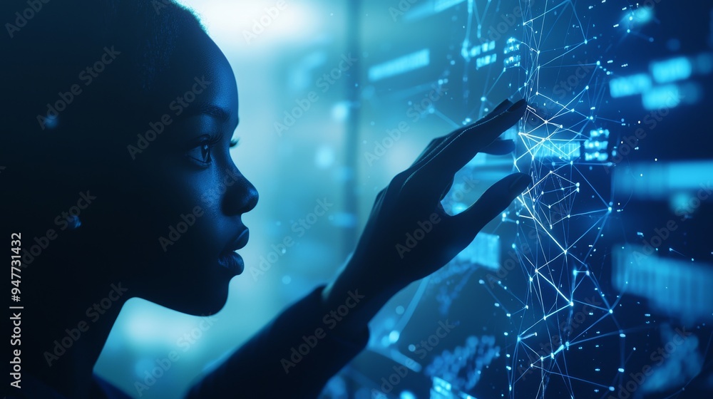 Poster an african american woman operates a holographic screen and communicates over a global communication
